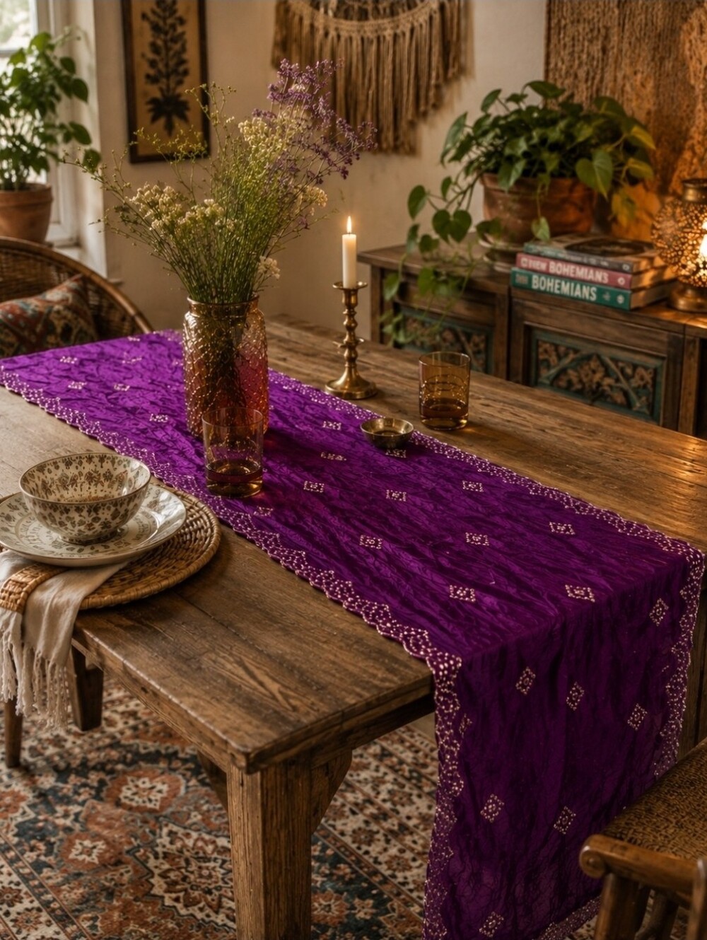 4/$15 Purple Boho Sequin Sheer Scarf Table Runner 22x78"